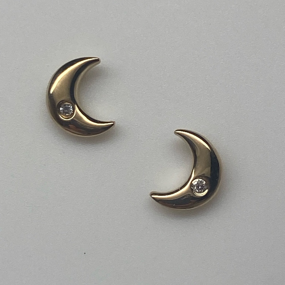 10K Solid Yellow Gold Bezel Set Diamond Moon Earrings NEW